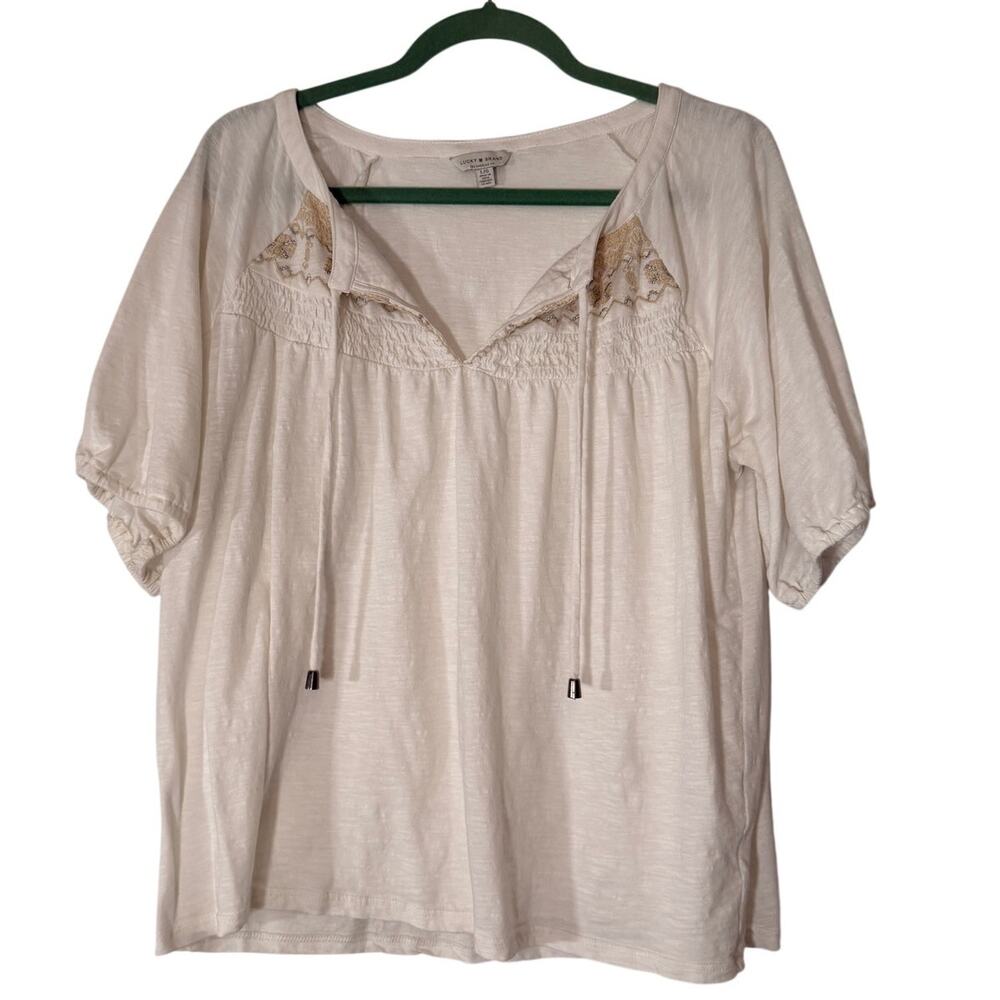 Lucky Brand Women’s Large Ivory Embroidered Boho Peasant Top Short Sleeve